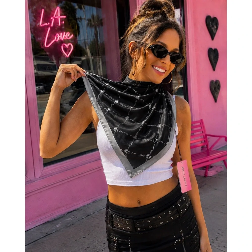 Betsey Johnson Black Silver Skull Heart Grid Square Scarf NWT